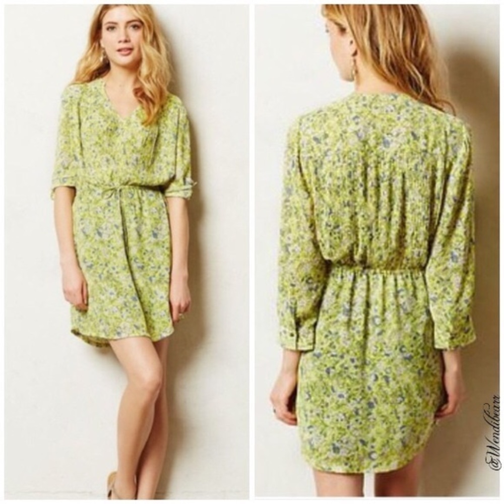 Anthropologie Lime Green Floral Mini Dress